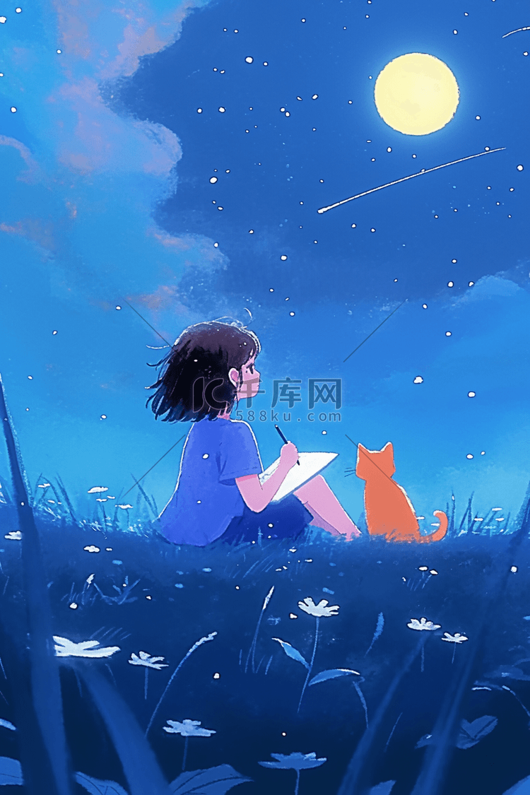 手绘夜晚唯美女孩赏月插画