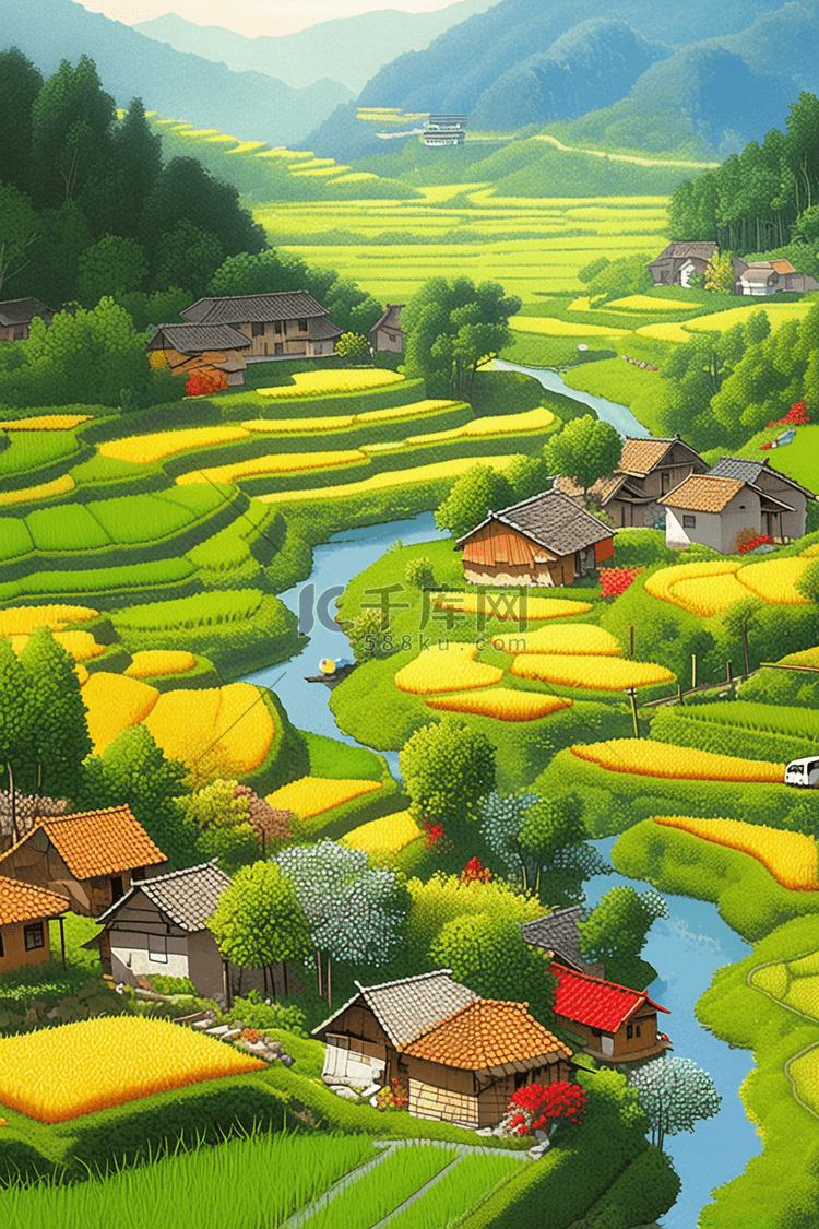 稻田小溪航拍乡村手绘插画