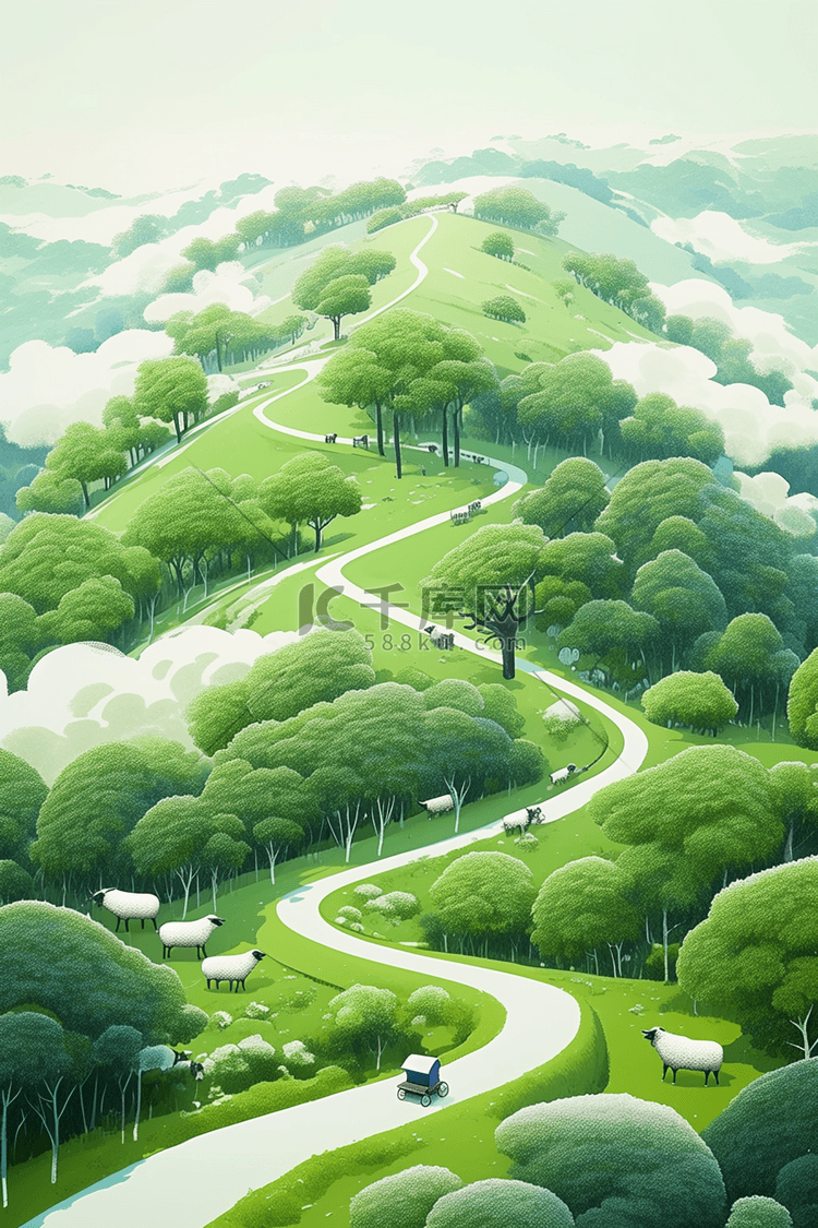 唯美树木道路手绘海报插画图片-千库网