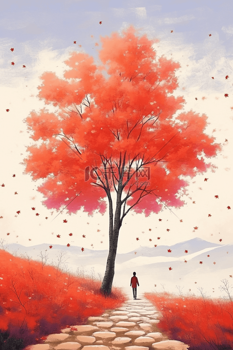 秋天唯美红色树叶手绘插画