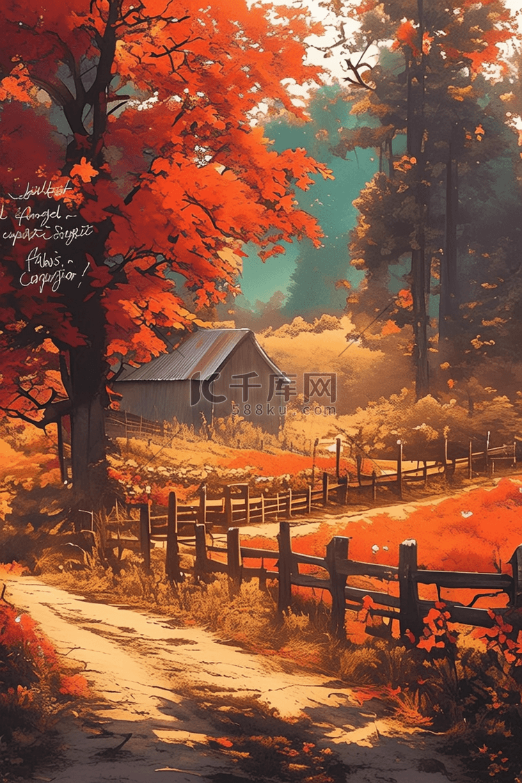 秋天手绘枫叶弯曲小路插画