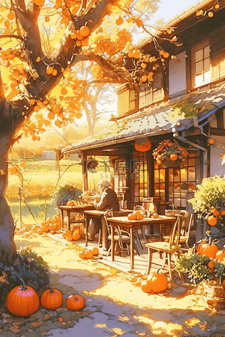 丰收庭院瓜果唯美秋天手绘插画