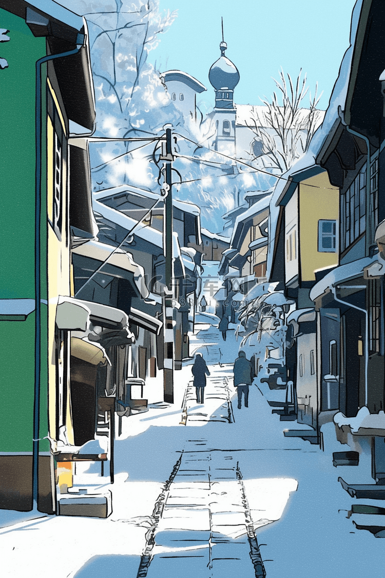 街道手绘插画冬天海报