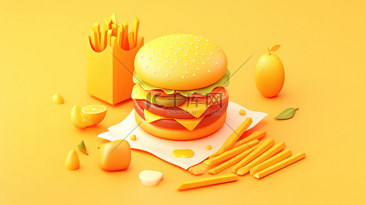 黄色系汉堡包美食绘本插画图片-千库网