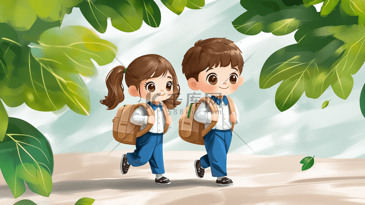 两个小孩背着书包走路步行插画图片-千库网