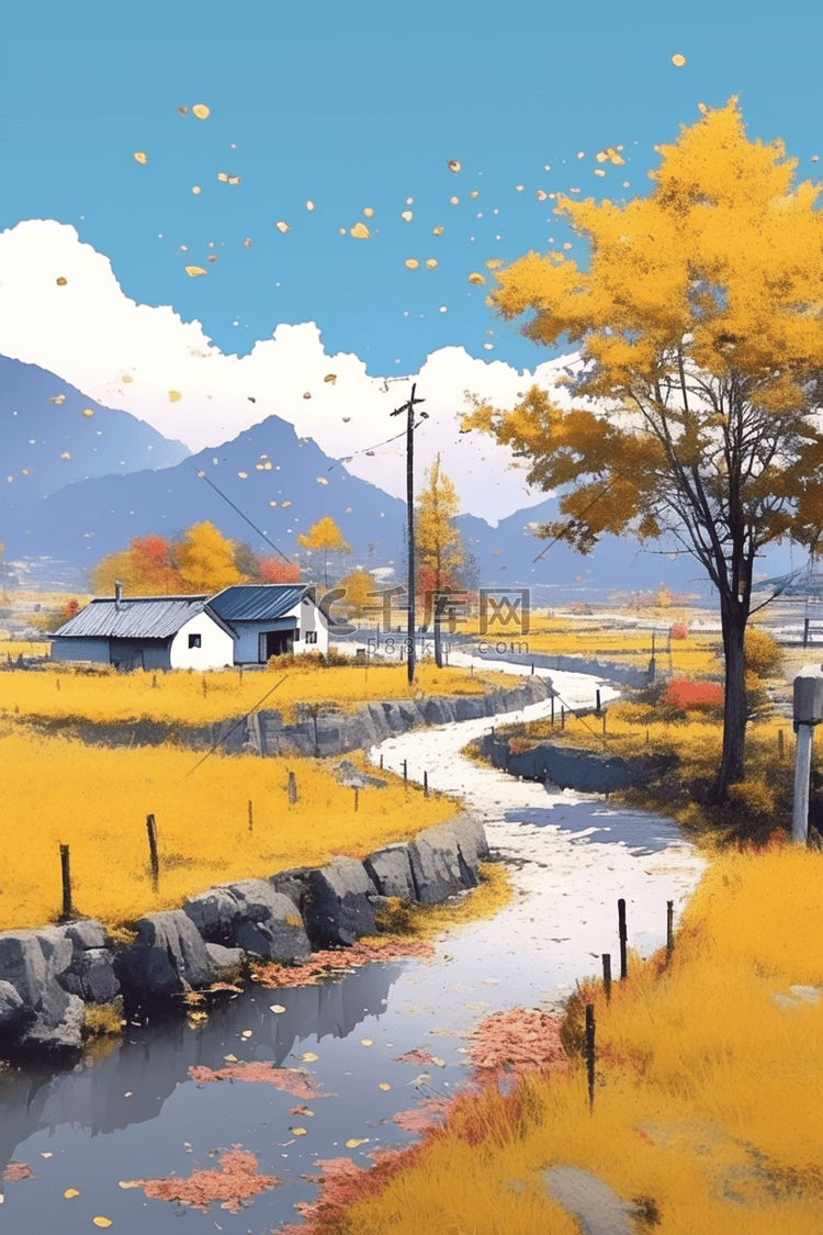 草地弯曲路黄色秋天唯美插画