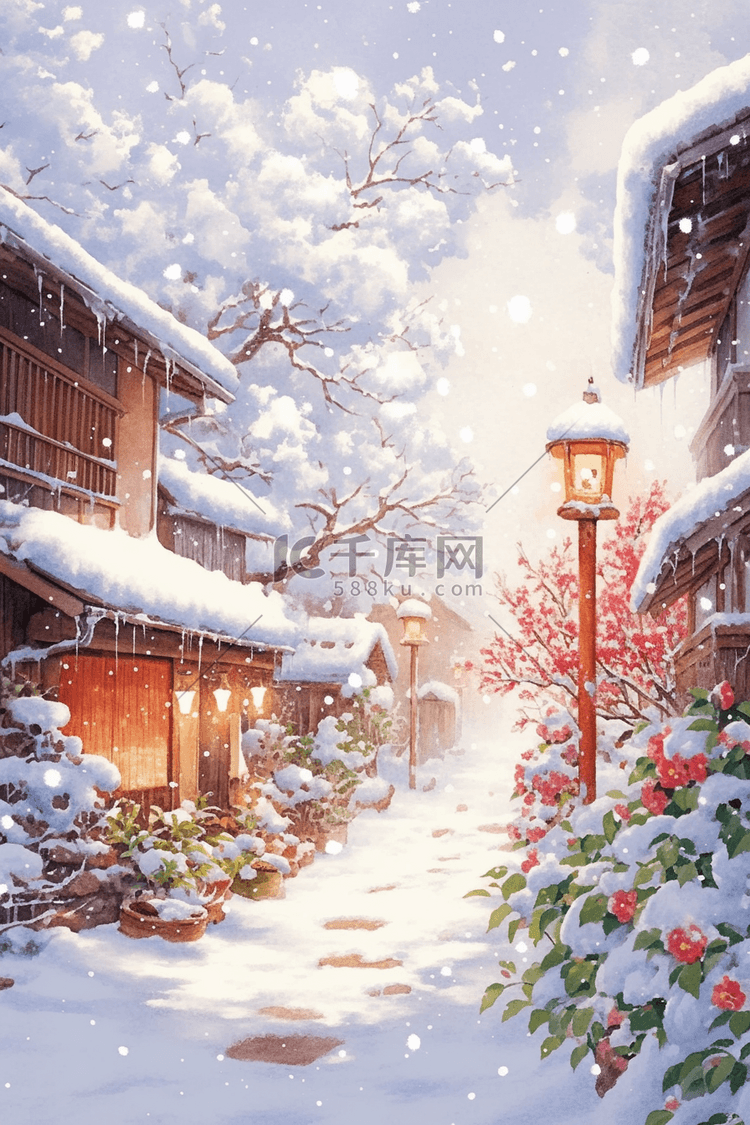 冬天唯美道路雪景手绘插画