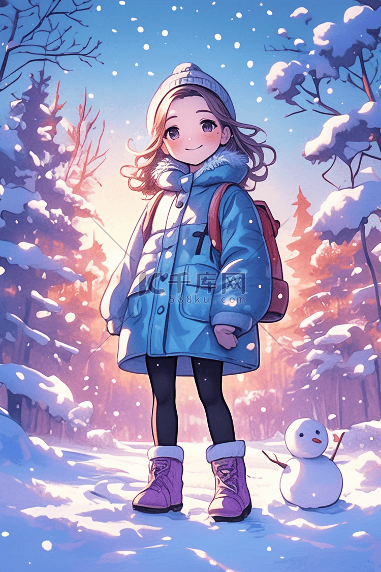 大雪女孩卡通冬天手绘插画