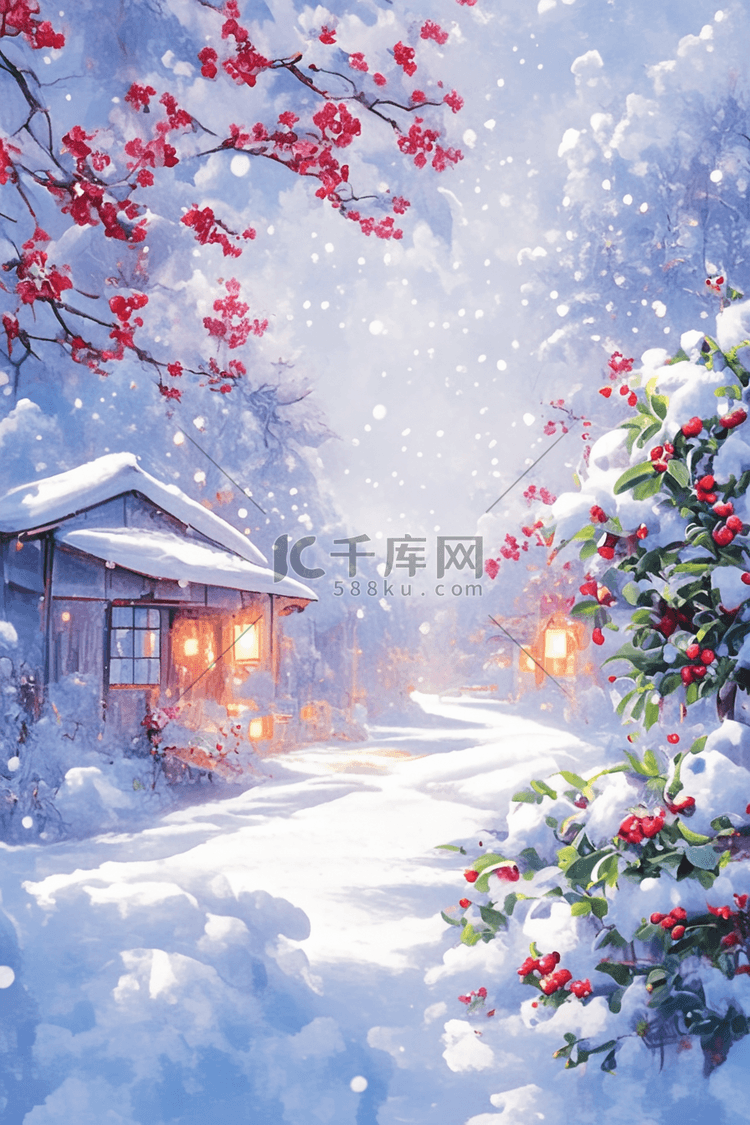 冬天插画道路雪景唯美手绘