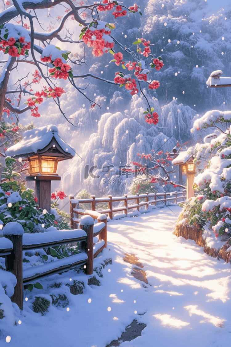 道路雪景唯美手绘插画冬天