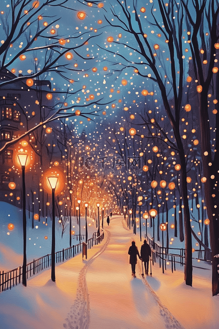 夜晚雪景路灯唯美手绘冬天插画