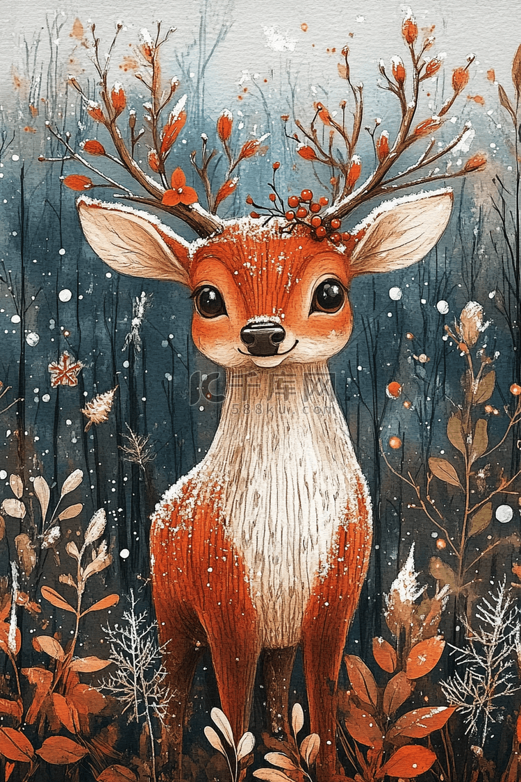 小鹿圣诞节手绘插画海报