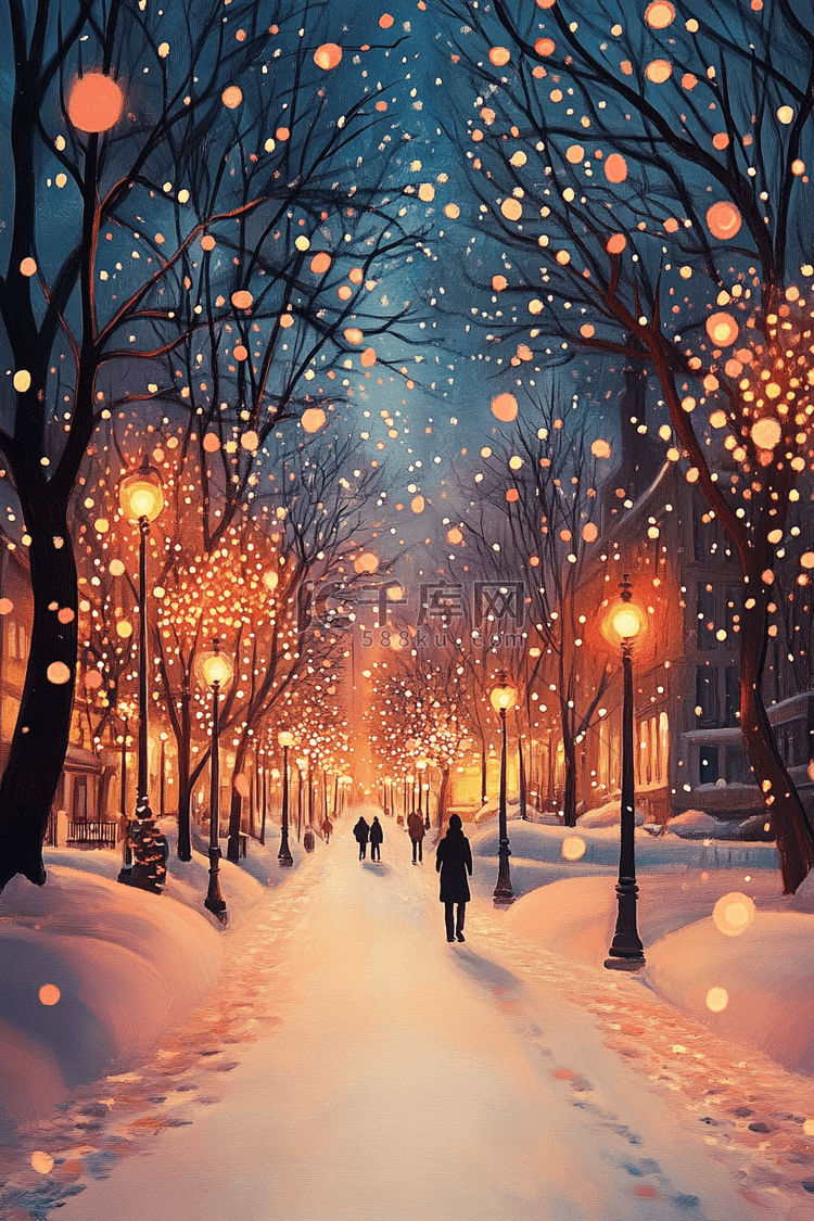 夜晚雪景路灯冬天唯美手绘插画