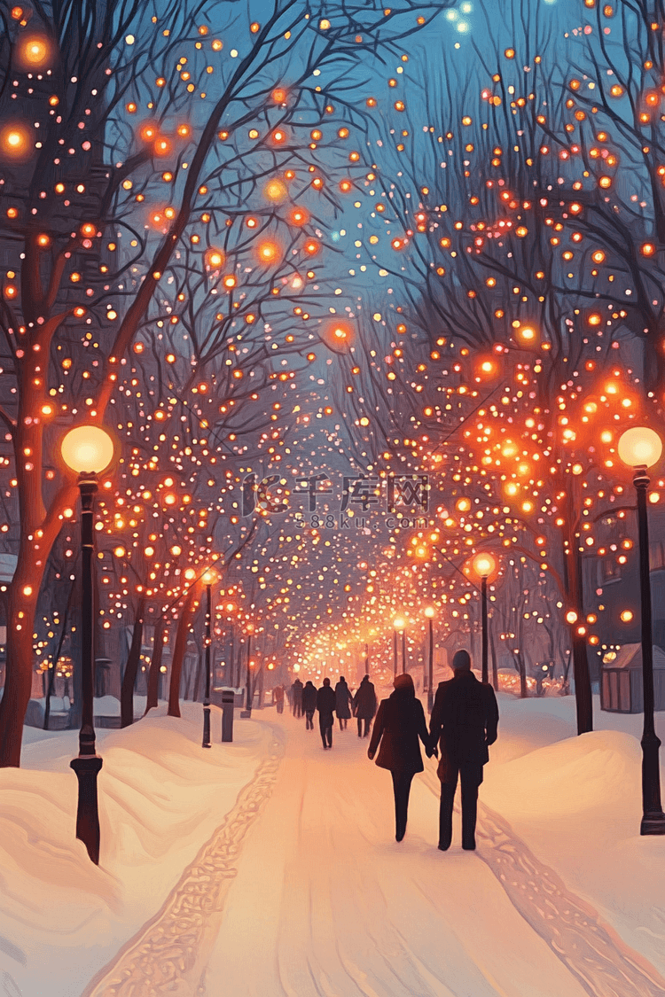 唯美冬天夜晚雪景路灯手绘插画