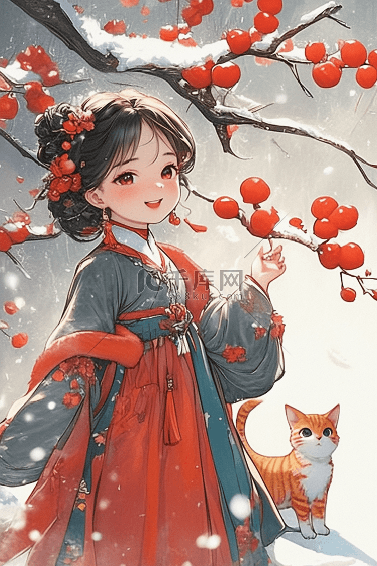 梅花女孩卡通手绘插画冬天
