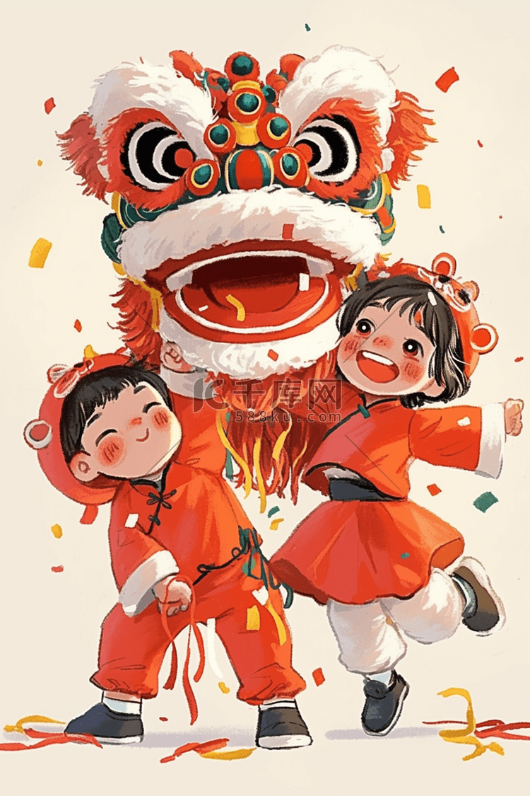 手绘新年舞狮玩耍海报插画图片-千库网