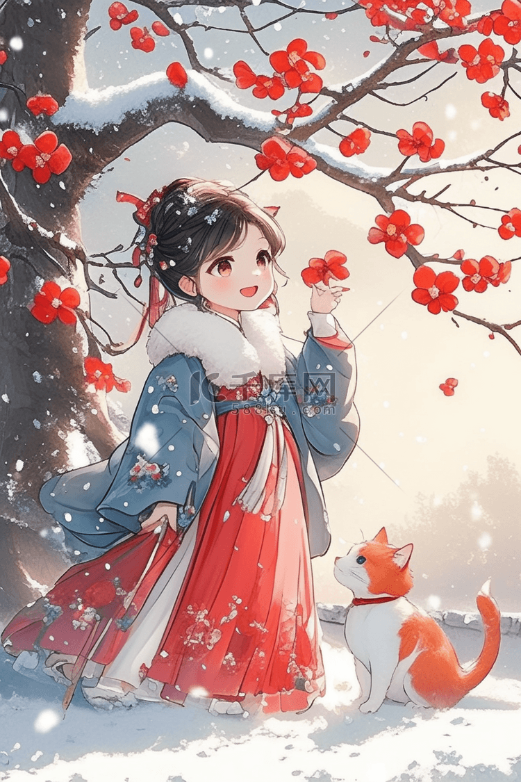 梅花女孩冬天卡通手绘插画