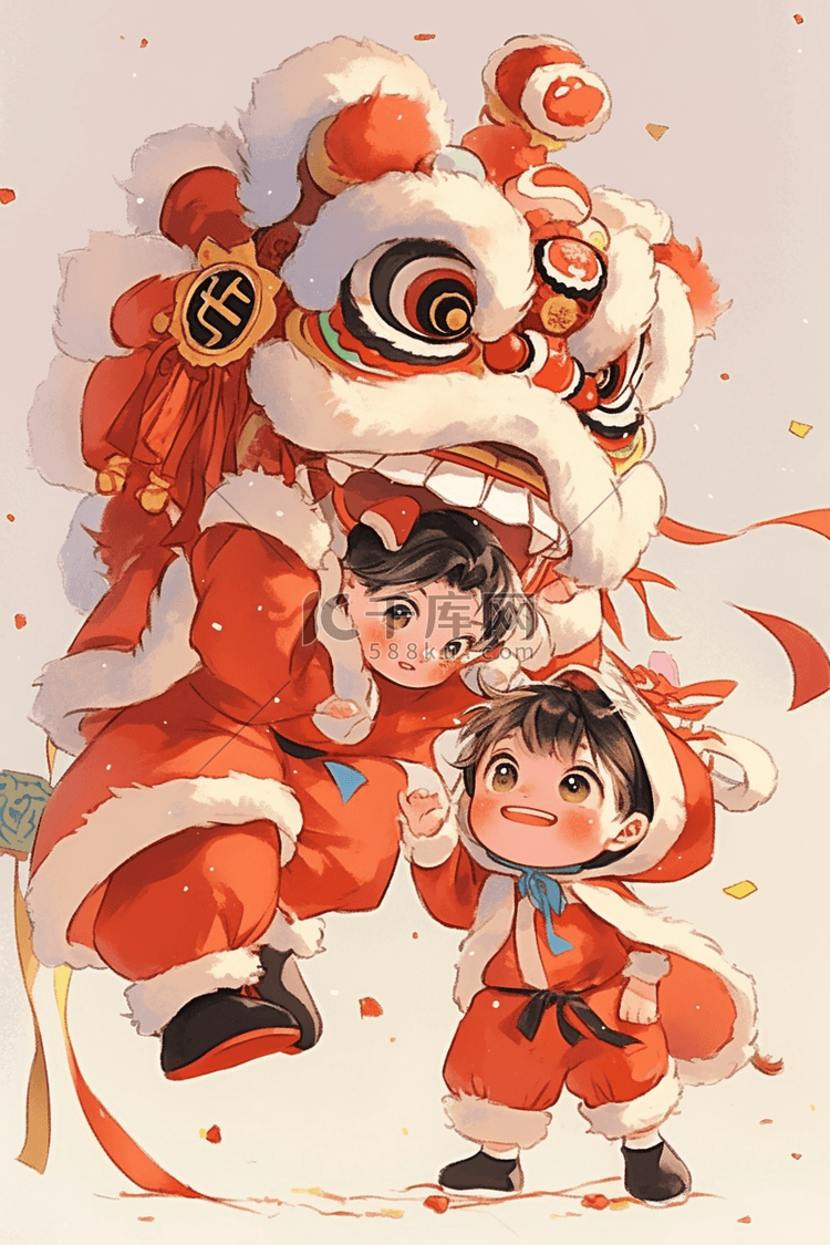 新年手绘舞狮玩耍海报插画图片-千库网