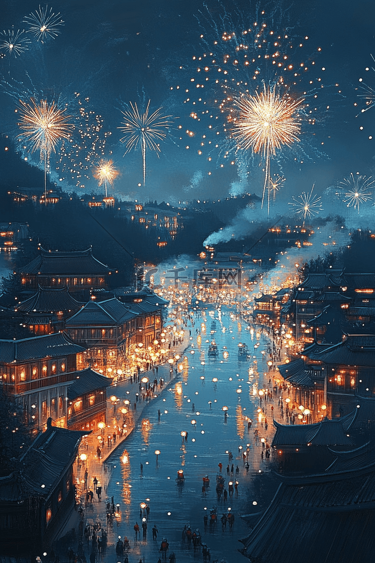 夜晚烟花新年城市手绘插画海报