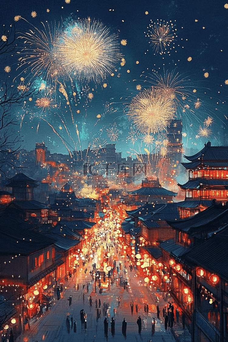 夜晚新年烟花城市手绘插画海报