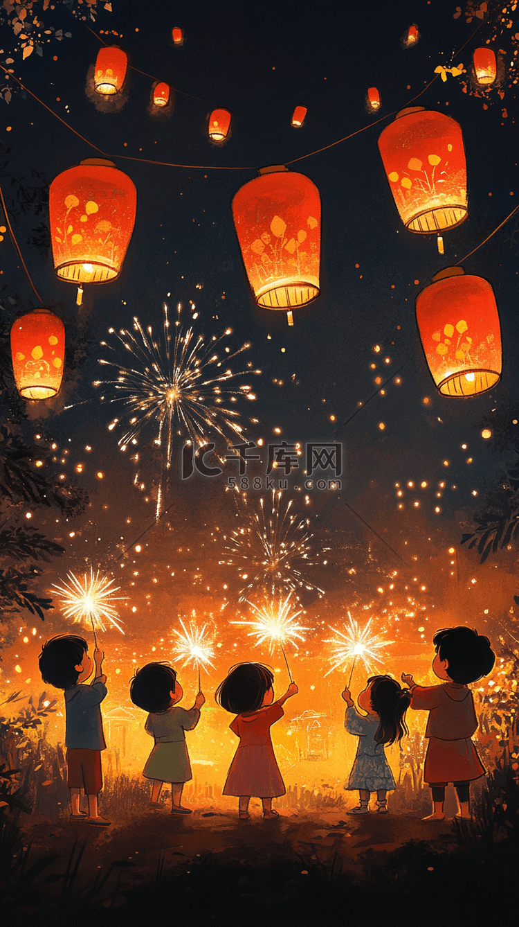 元宵节孩子们放飞祈愿孔明灯插画