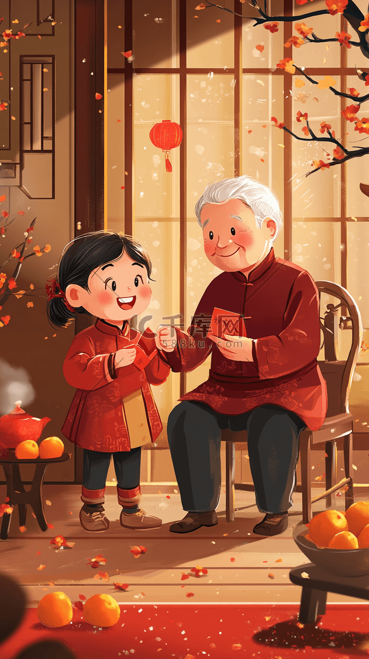 国风春节长辈给孩子压岁钱红包场景插画