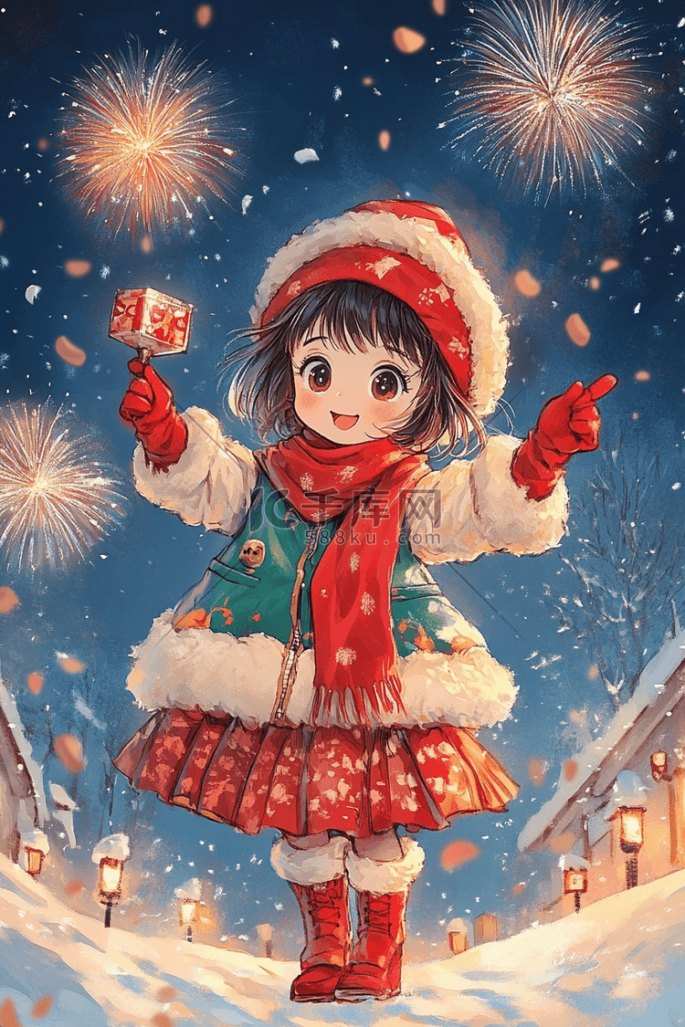 手绘插画新年可爱女孩烟花海报