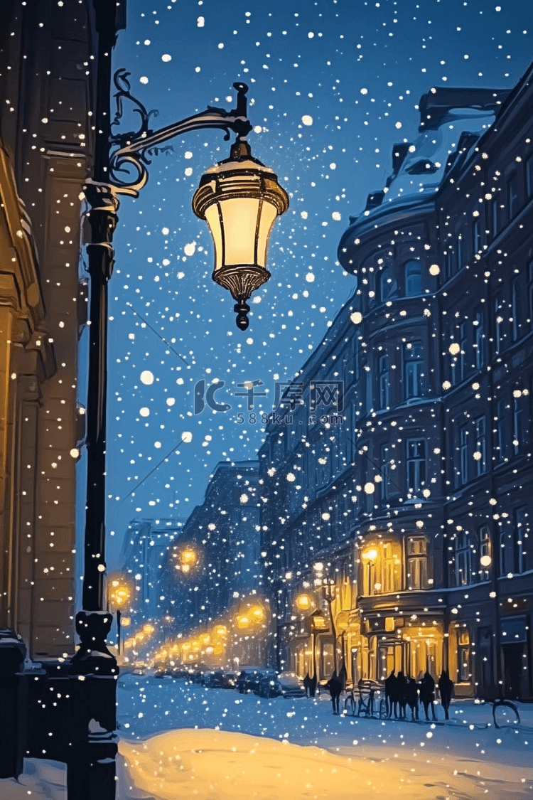 夜晚插画雪景路灯唯美手绘