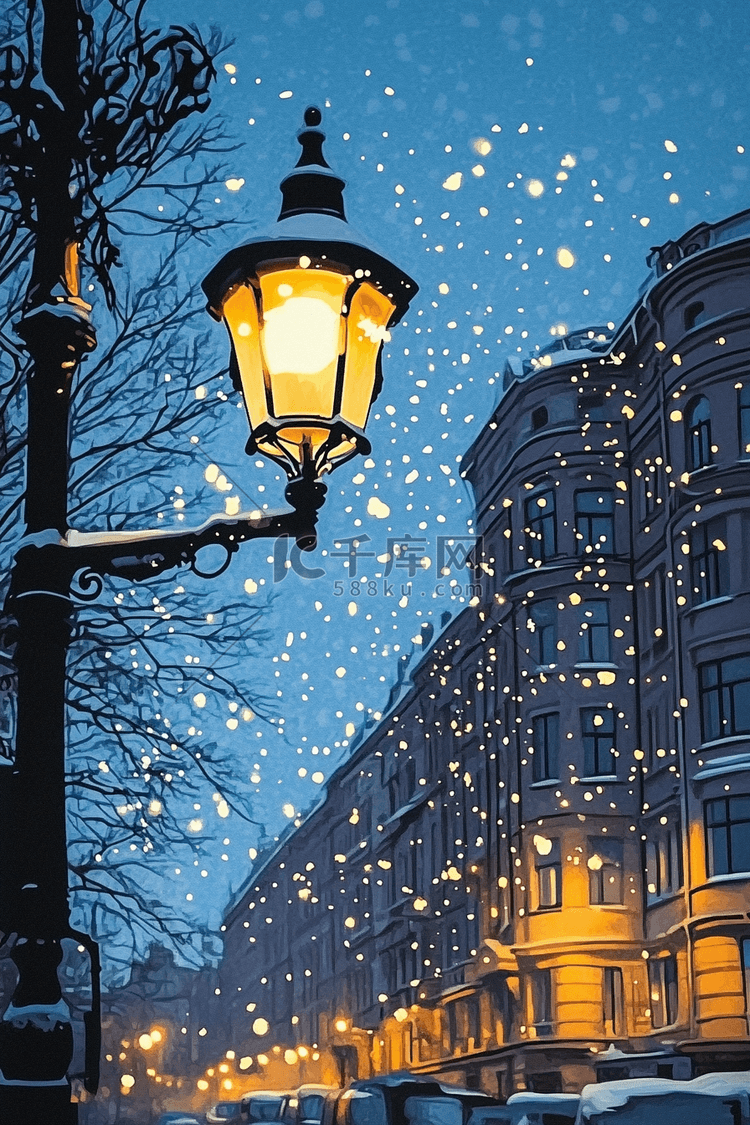 夜晚雪景路灯手绘唯美插画