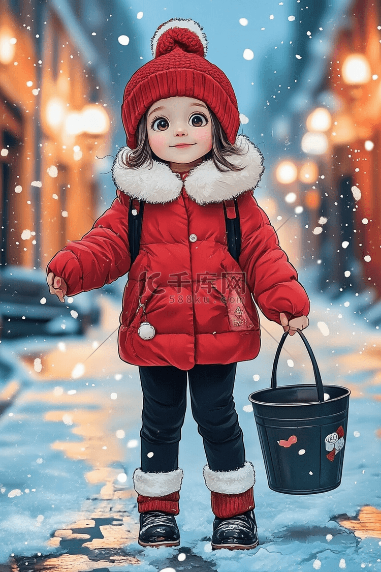 雪天女孩卡通手绘插画冬天海报