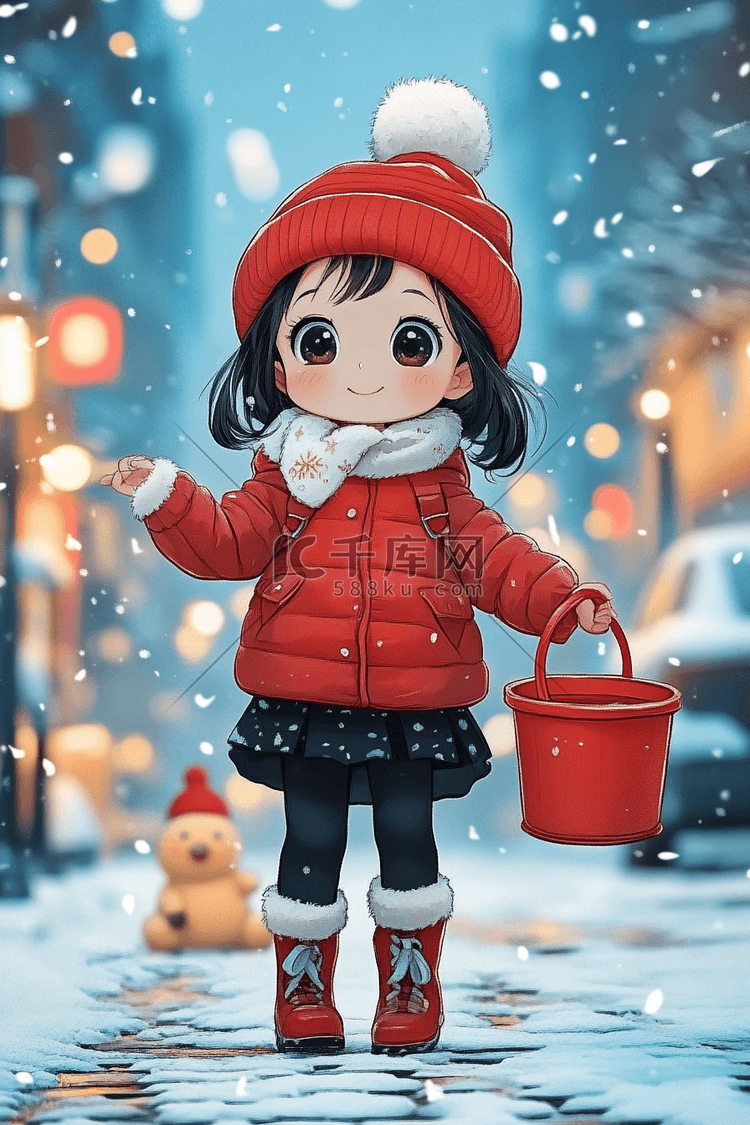 雪天女孩卡通冬天手绘插画海报