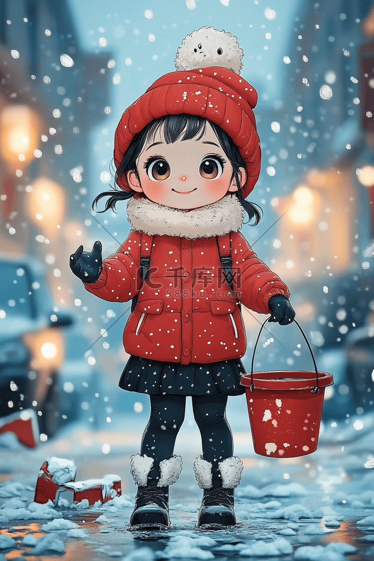 冬天雪天女孩卡通手绘插画海报