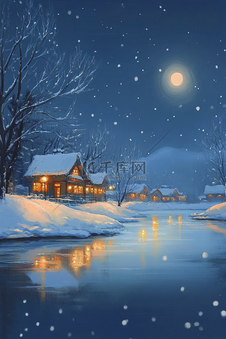 夜晚雪景冬天手绘插画