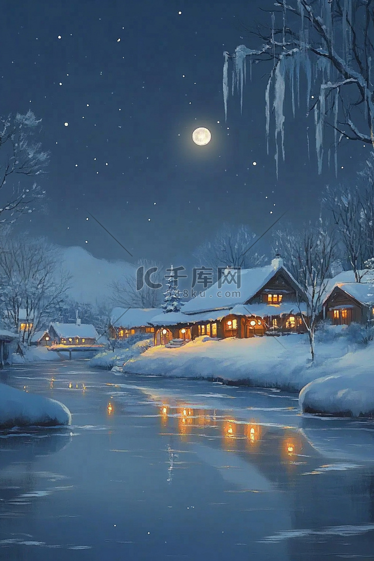 冬天夜晚手绘雪景插画