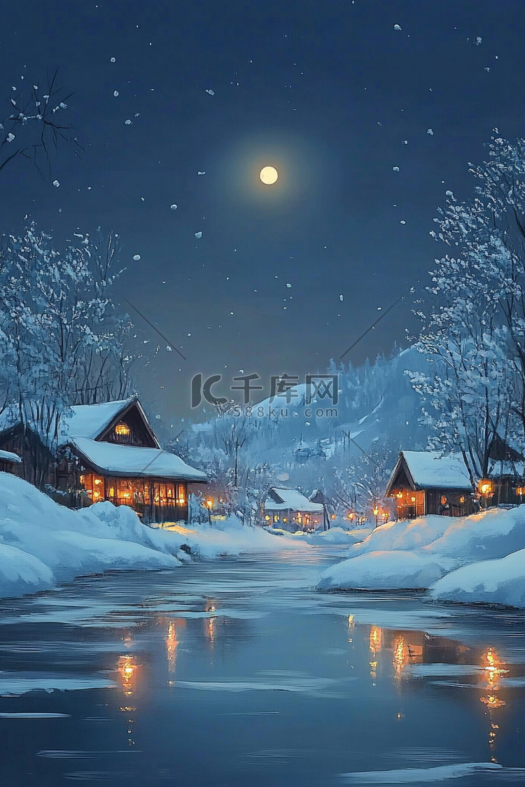 夜晚冬天雪景手绘插画