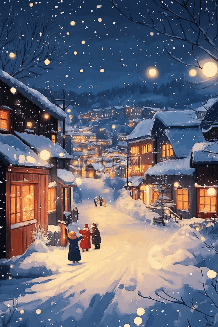 夜晚手绘插画冬天雪天小镇海报