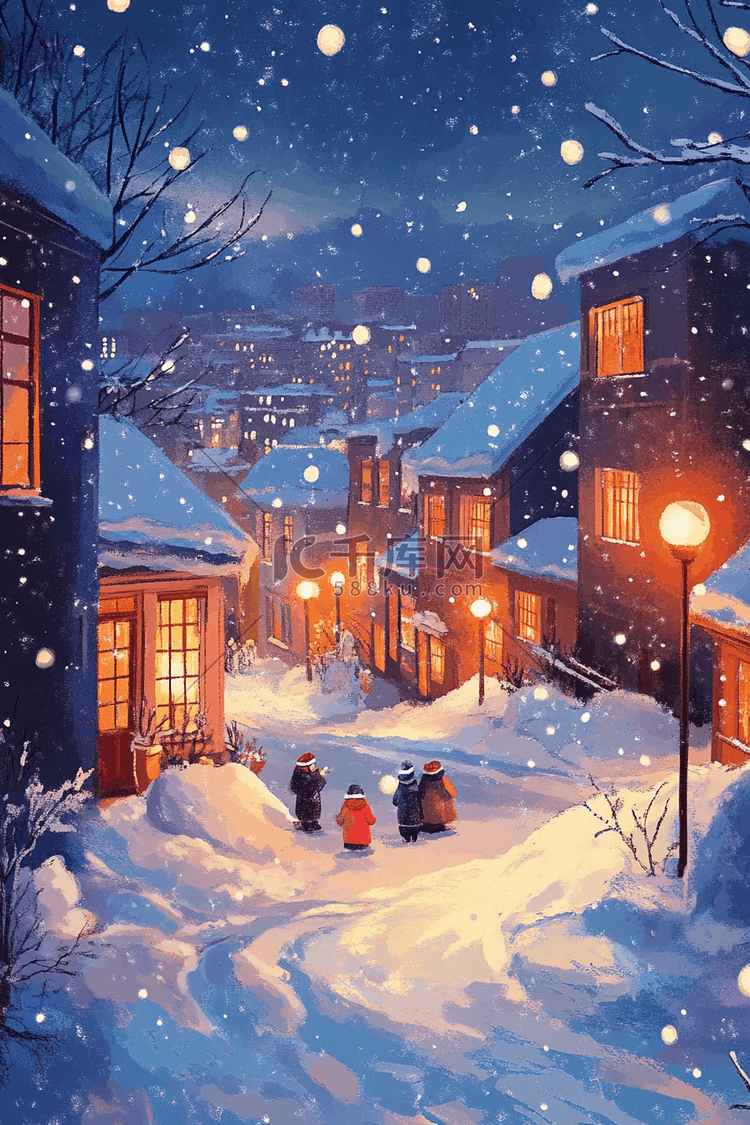 手绘插画夜晚冬天雪天小镇海报