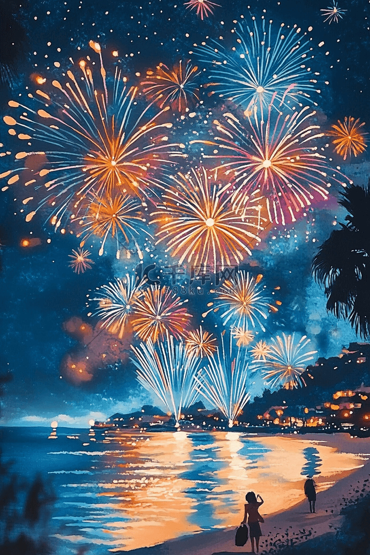 手绘新年海边夜晚然放着烟花插画
