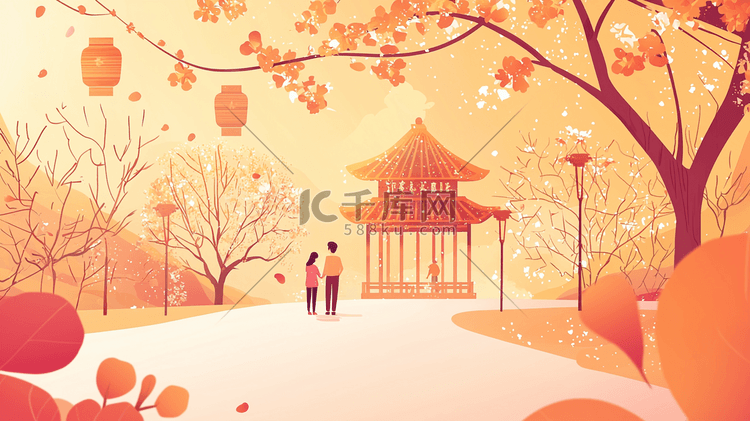 男女田野小路步行玩耍插画图片-千库网
