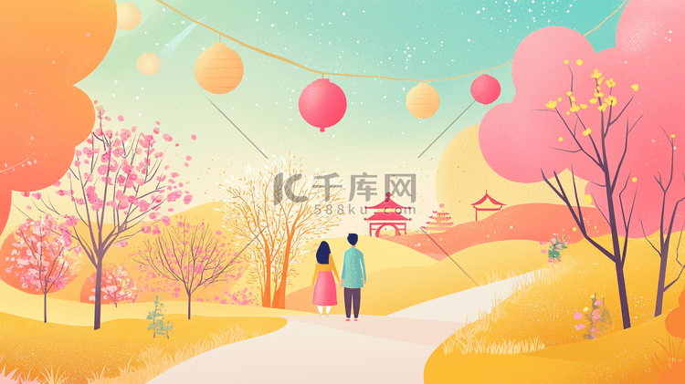 男女牵手田野小路步行插画图片-千库网