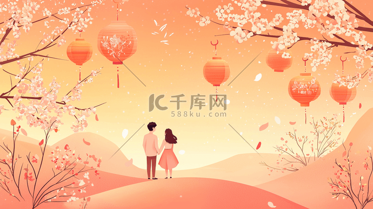 男女田野小路步行散步插画图片-千库网