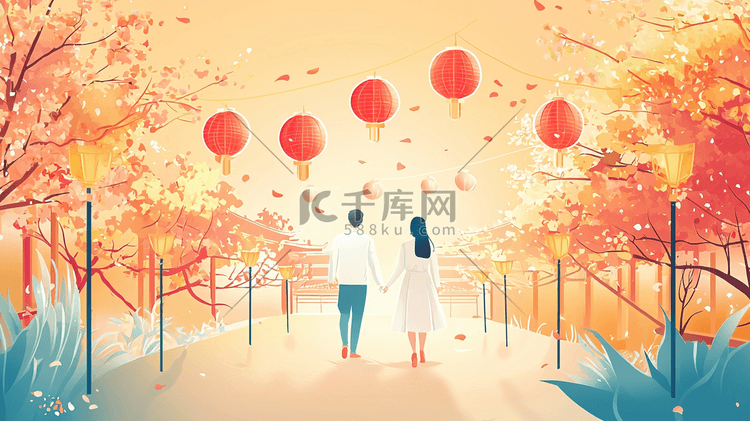 男女田野小路步行玩耍插画图片-千库网