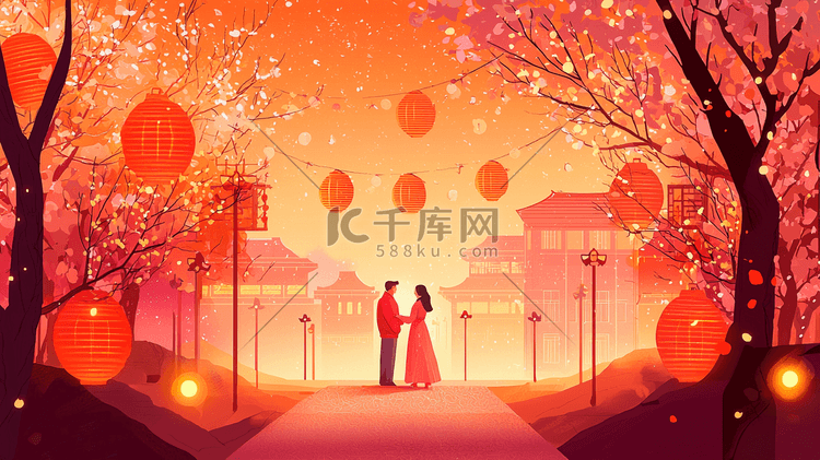 男女田野小路步行插画图片-千库网
