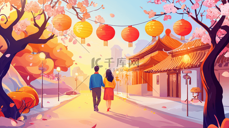 男女田野小路步行灯笼插画图片-千库网