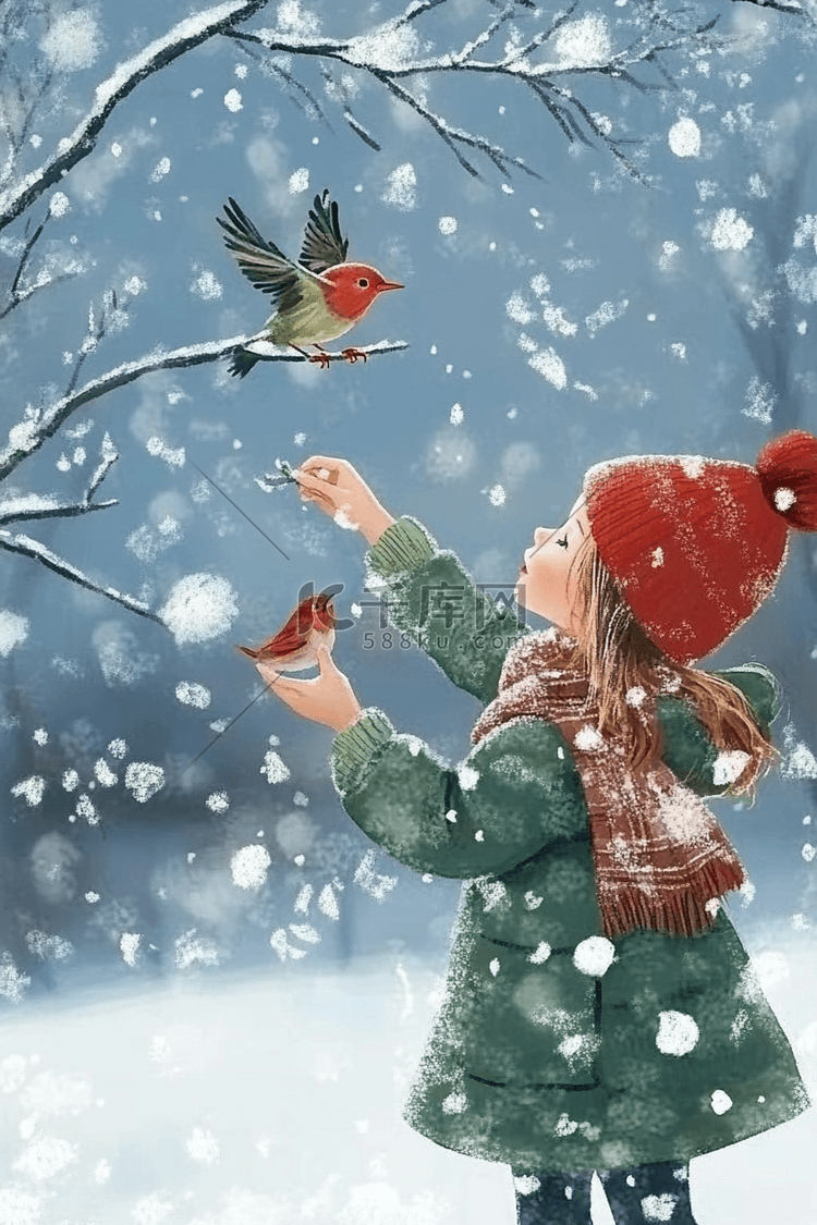 女孩小鸟下雪天童话手绘插画海报