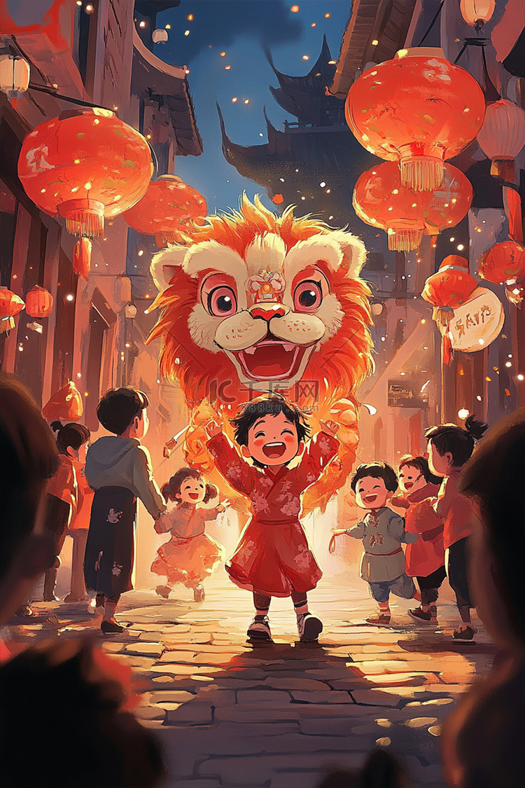 迎狮欢庆新年手绘插画海报