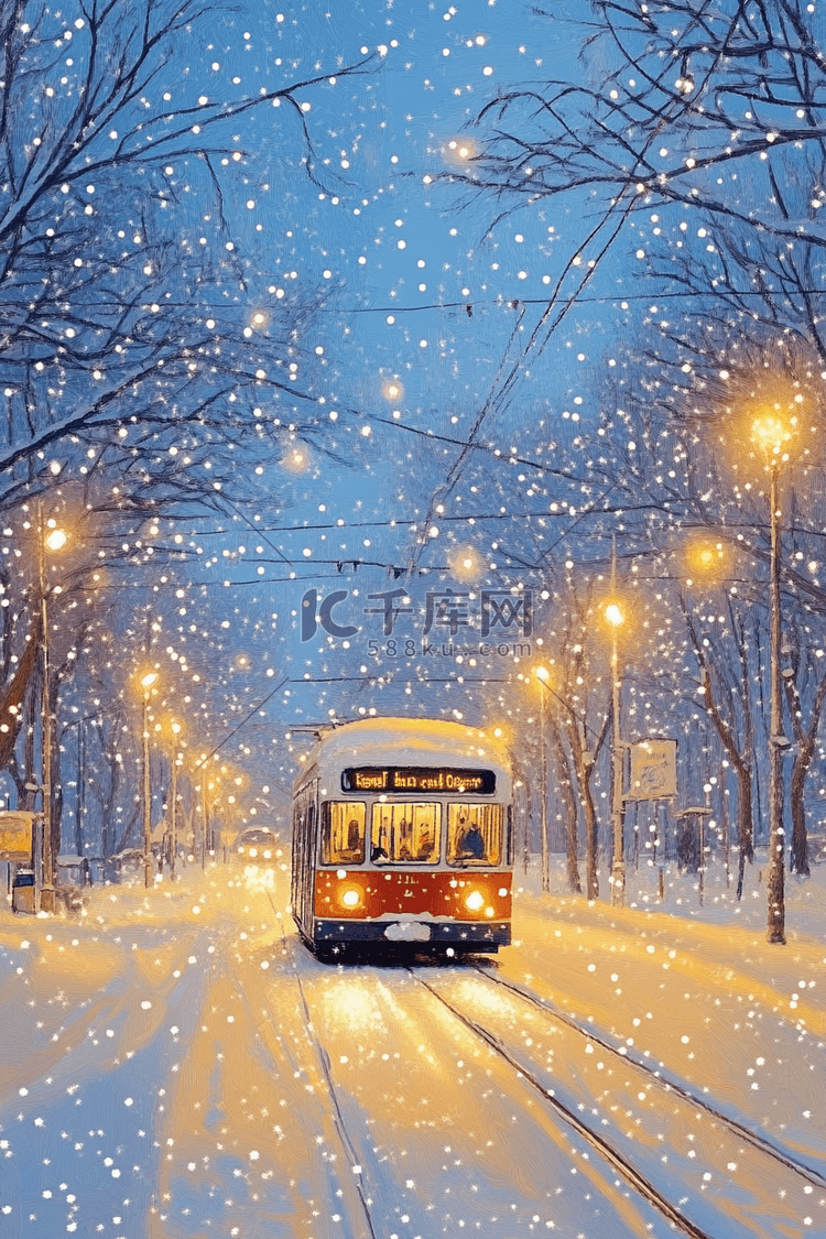 手绘下雪冬天夜晚路灯行驶车插画