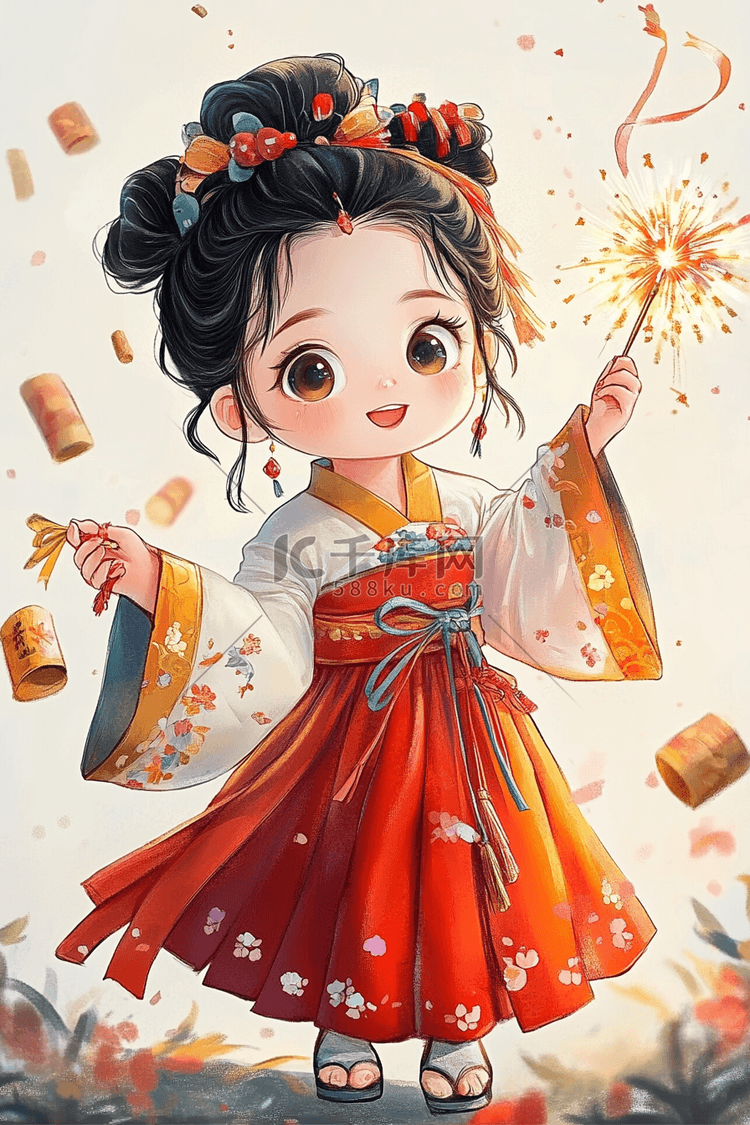女孩新年烟花手绘插画海报