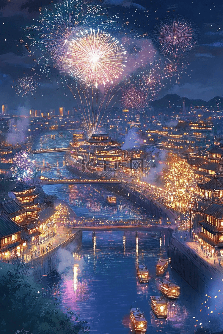 夜晚烟花新年唯美手绘插画