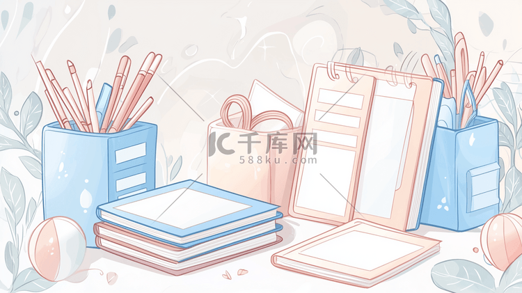 手绘书桌上的学习文具笔记本卡通插画